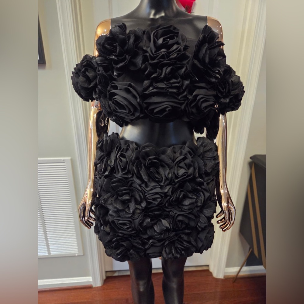 Fashion Nova Black 3D Floral Mini Skirt Set